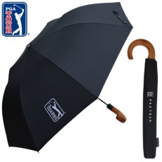 PGA 2단 폰지블랙 우드곡자손잡이 자동 우산